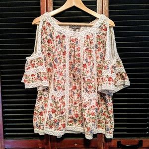 Blue Tassel Floral Shoulder Cut Out Top